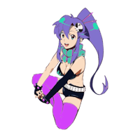 an anime girl with purple hair sitting down